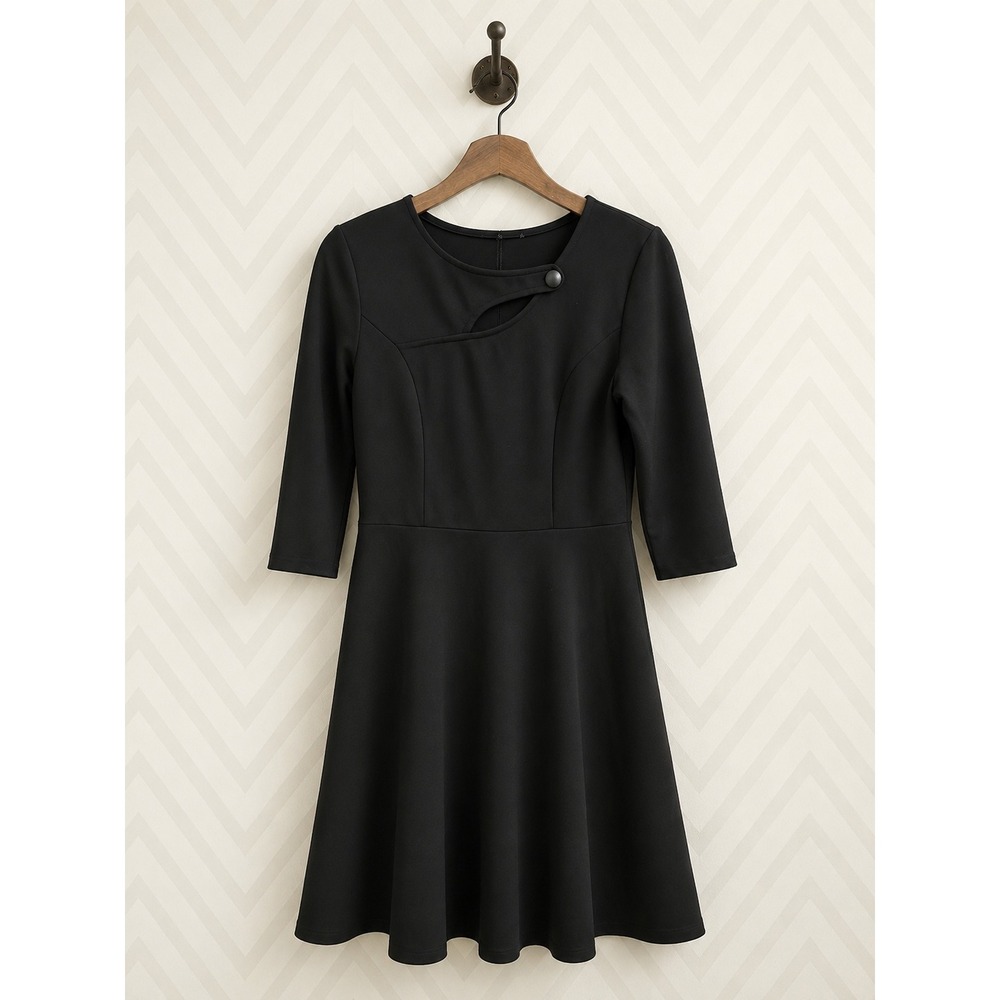 Bebonnie Fit and Flare Dress Asymmetrical Cutout Neckline Black 3/4 Sleeve M
